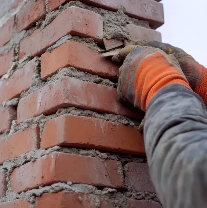 Mason restoring mortar joints on a brick chimney stack