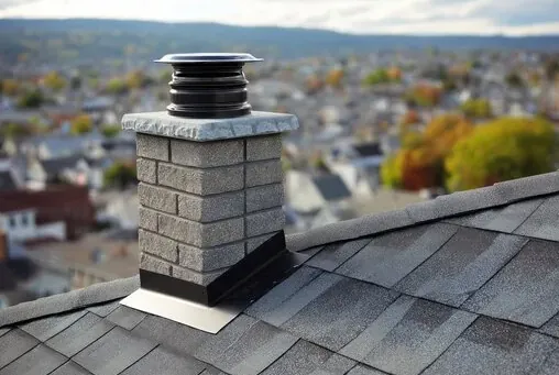 Chimney with a fitted cap and crown above a shingle roof