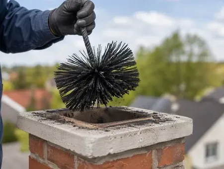 Chimney brush lifted out of a clay flue tile showing the flue liner and crown