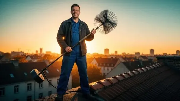Chimney technician on a roof at sunset