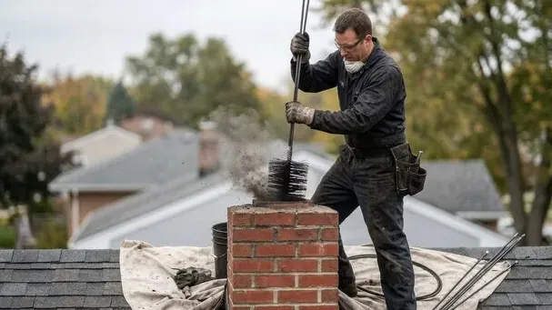 Chimney sweep brushing a brick chimney from the roof with soot rising