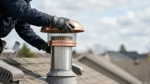 Copper cap fitted to a metal chimney flue