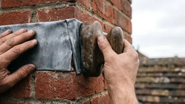 Flashing being pressed tight where chimney brick meets the roof